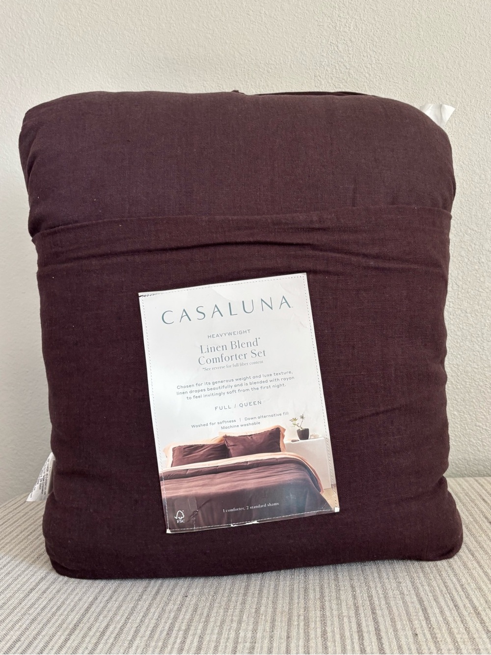 NWT Full/Queen Heavyweight Linen Blend Comforter and Sham Set Dark Fig Casaluna
